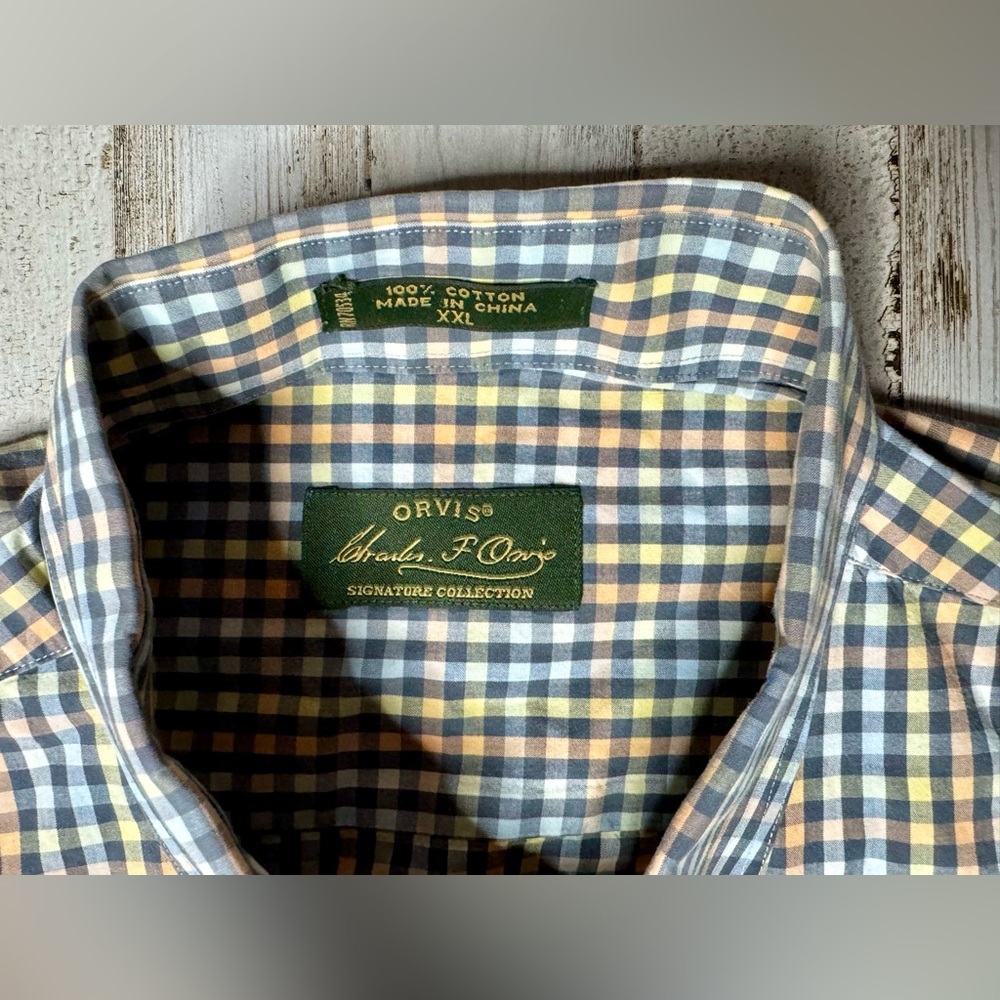 Orvis Men's Casual Button Down Shirt - Blue, yellow, gold checked pattern. - Picture 4 of 13